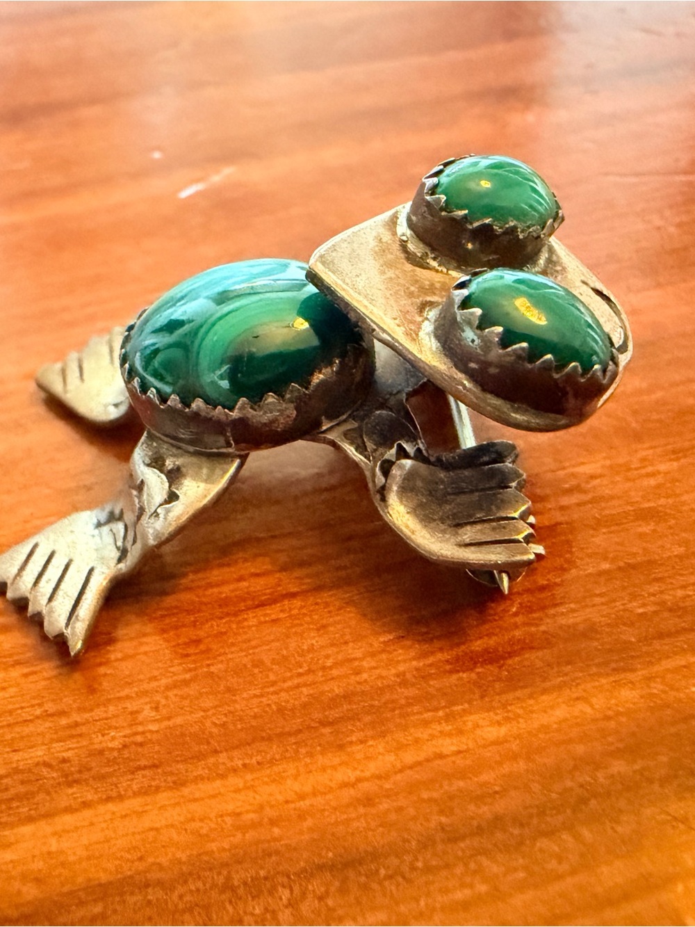 Vintage Sterling Silver Turtle/Frog Pin with Green Stone inlay